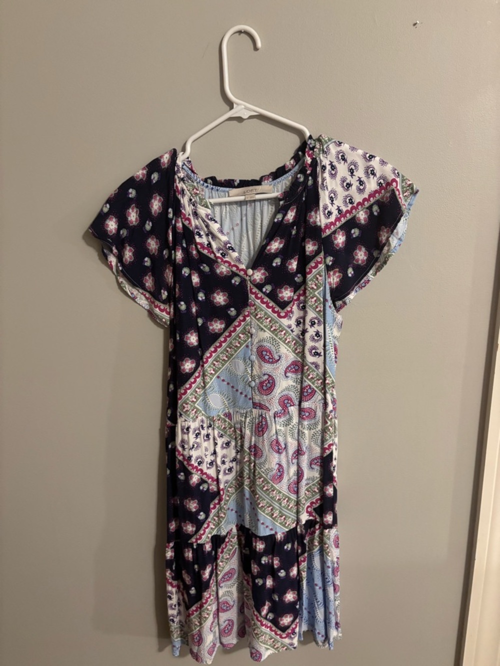 LOFT Navy and Light Blue Floral Print Dress